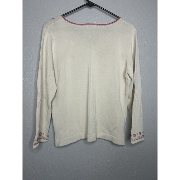 Sigrid Olsen Cotton Blend Beaded Floral Cream Sweater V Neck Vintage Size XL - Picture 2 of 9